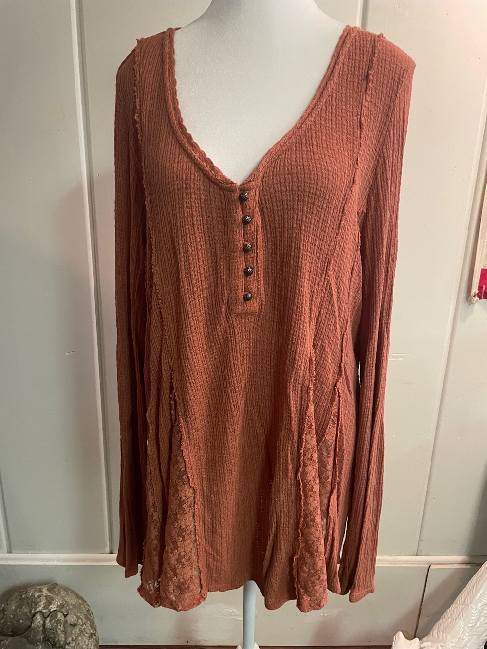 Lucky Brand Rust Waffle-Knit Henley with Lace Panels